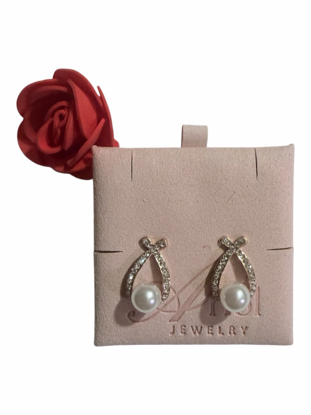 Gold Pearl and Crystal Ribbon Stud Earrings - White Pearl
